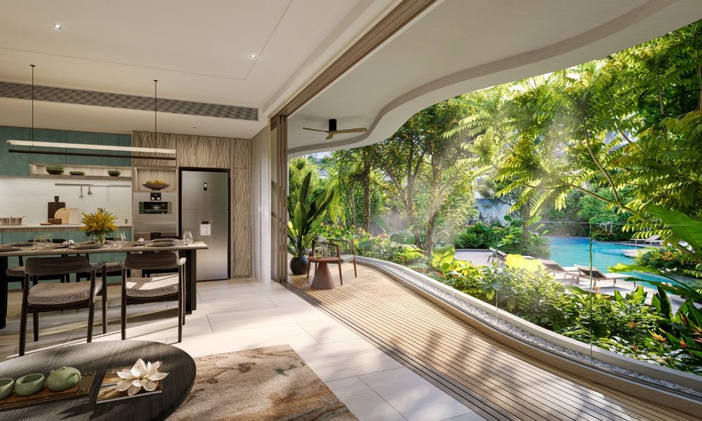 Garrya Residences — kitchen and living area with pool terrace view